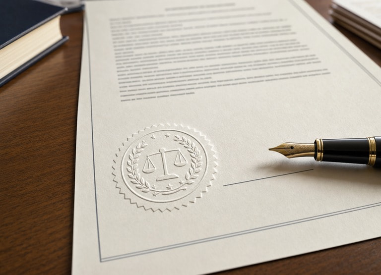 Close-up of a document, slightly out of focus with a stamp or signature