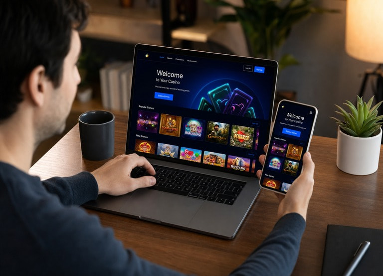 A person pausing before logging into an online casino, representing the value of knowing common first-time casino mistakes before playing.