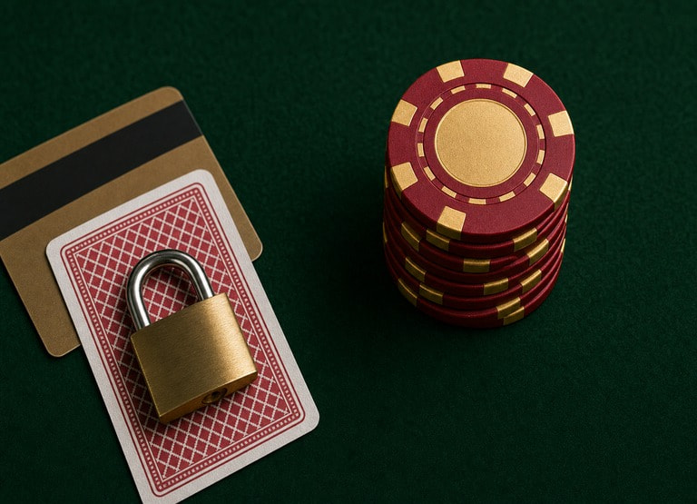 Casino chips and a padlock on a dark felt table, representing delayed or refused casino withdrawals in Alberta.