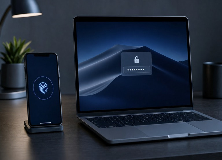 Smartphone displaying a biometric login prompt next to a laptop showing a password field, minimal desk, cool lighting