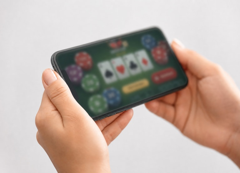 A person holding a phone with a casino app visible