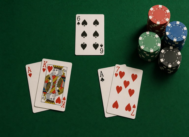 A Blackjack table showing player cards and casino chips on green felt