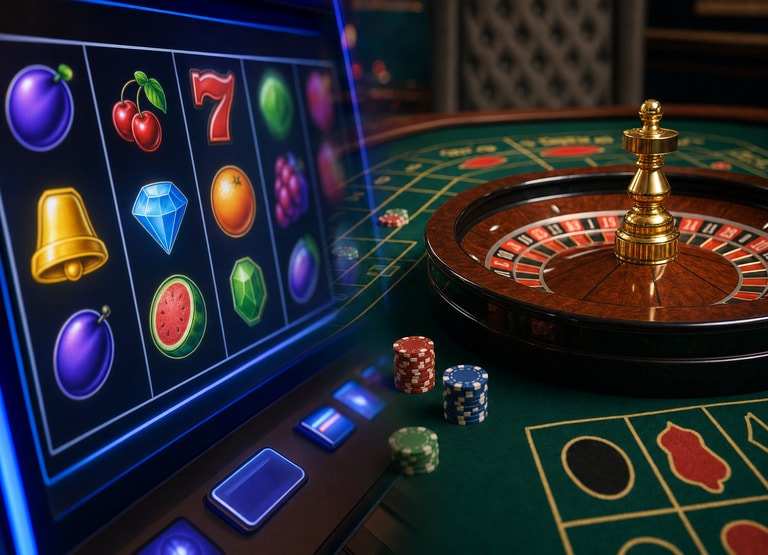 Split image comparing a digital RNG slot screen on the left with a live dealer Blackjack table on the right, illustrating the difference between RNG and live dealer casino games.