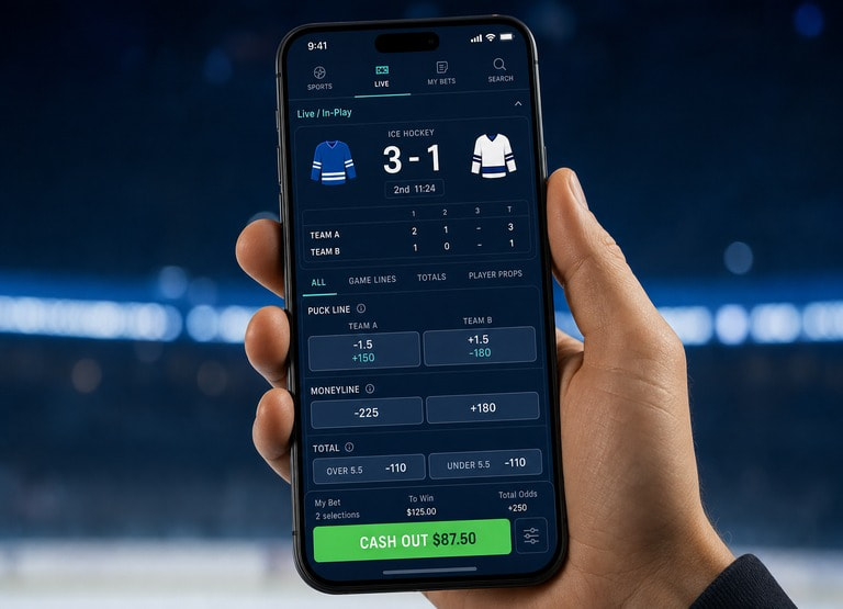 Live in-play betting on a smartphone showing an NHL game with real-time odds and a Cash Out button