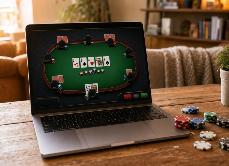 A laptop design showing an online poker table interface and poker chips scattered nearby.