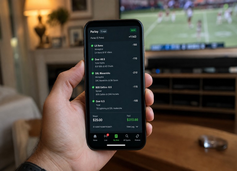 Close-up of a smartphone showing a multi-leg sports betting slip, with a live game blurred in the background