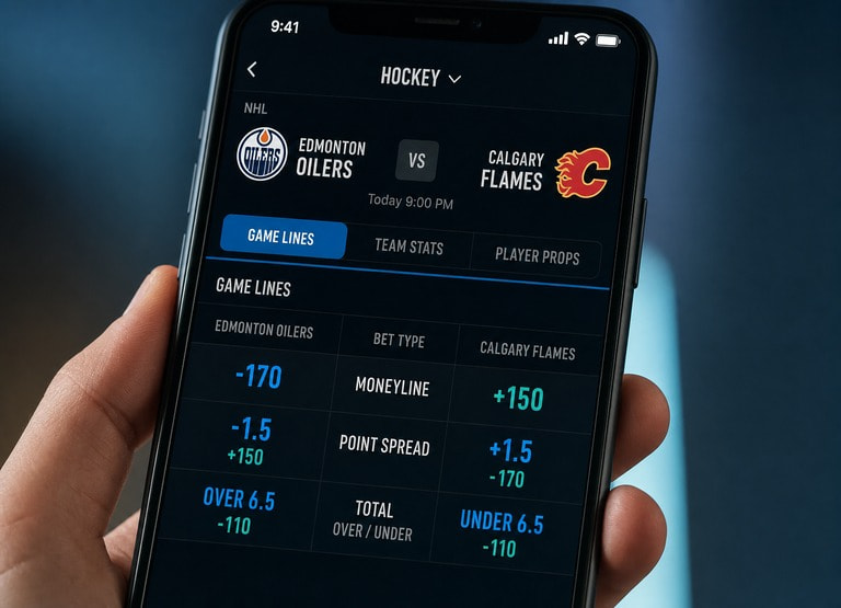 Sportsbook betting slip showing moneyline, point spread, and total odds for a hockey game