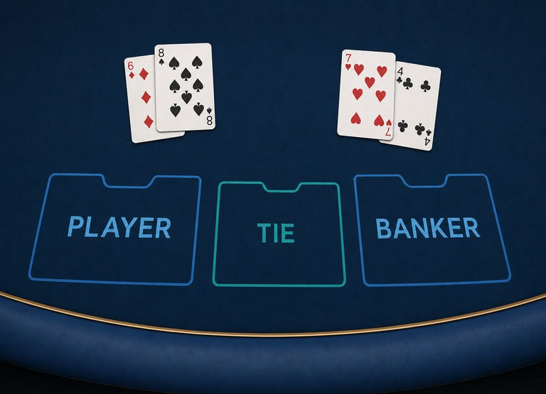 Baccarat table layout with the player, banker and tie betting boxes and two dealt hands