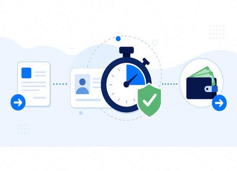 Illustration of verification between a withdrawal request and payout: a stopwatch, an ID card, and a checkmark shield in a horizontal flow.