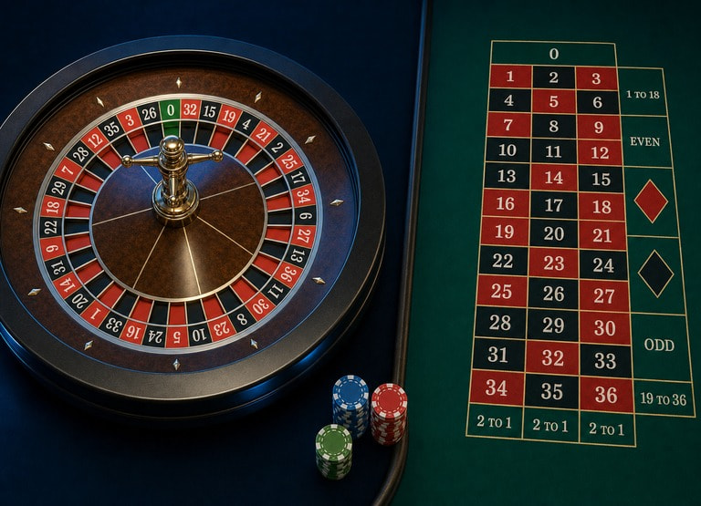 European roulette wheel with a single green zero beside the betting layout