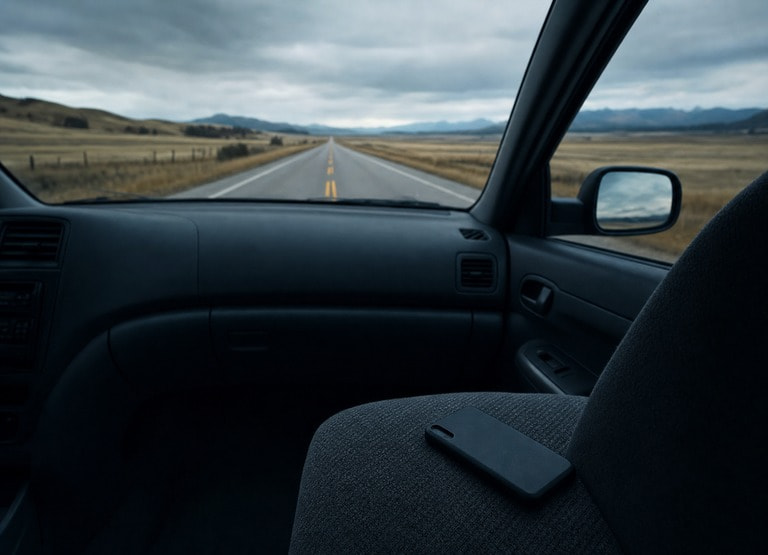 An open road through the Alberta with a phone face-down in the foreground