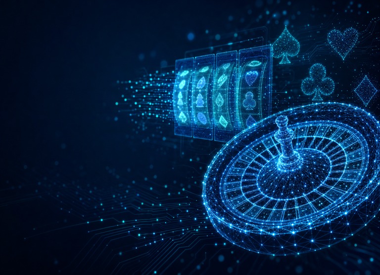 Digital blue wireframe roulette wheel, slot reels and card suits made of data points