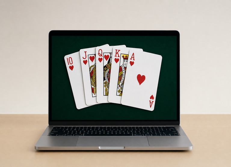 A royal flush in hearts is displayed on a laptop screen. The laptop sits on an otherwise empty desk.