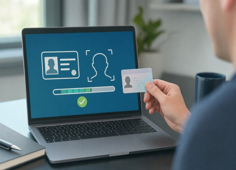 A driver's licence held up beside a laptop showing an online casino identity verification screen.