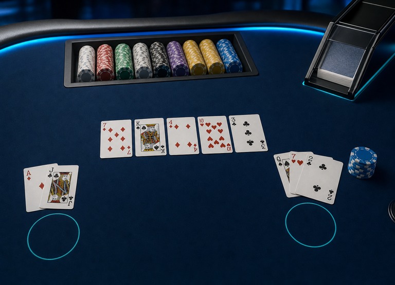 Casino Hold'em hand with five community cards and a Three Card Poker hand on a blue casino table
