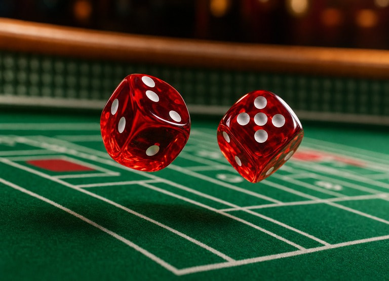 Two dice rolling across a craps table layout