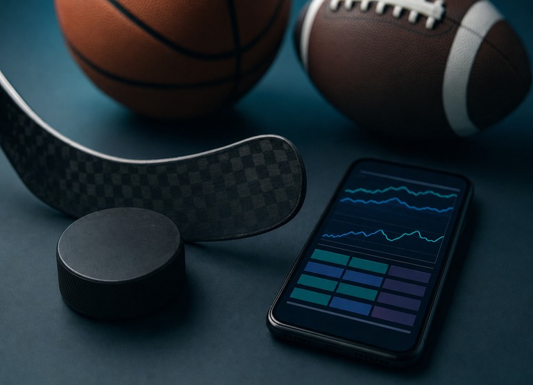 Hockey puck and stick, basketball and football next to a smartphone showing betting odds charts