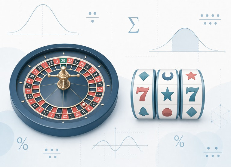 Roulette wheel and slot reels overlaid with probability formulas