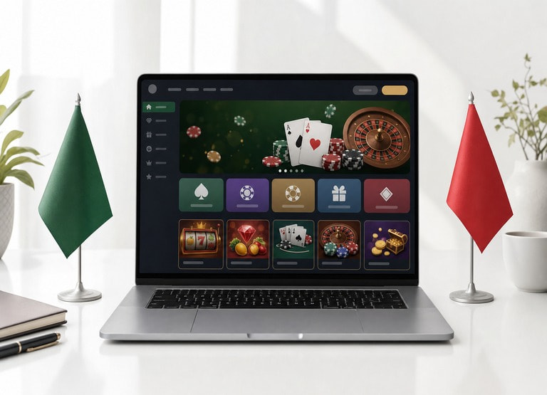 Laptop showing an online casino between a green flag and a red flag